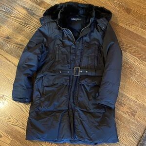 Kenneth Cole rabbit fur trimmed down coat